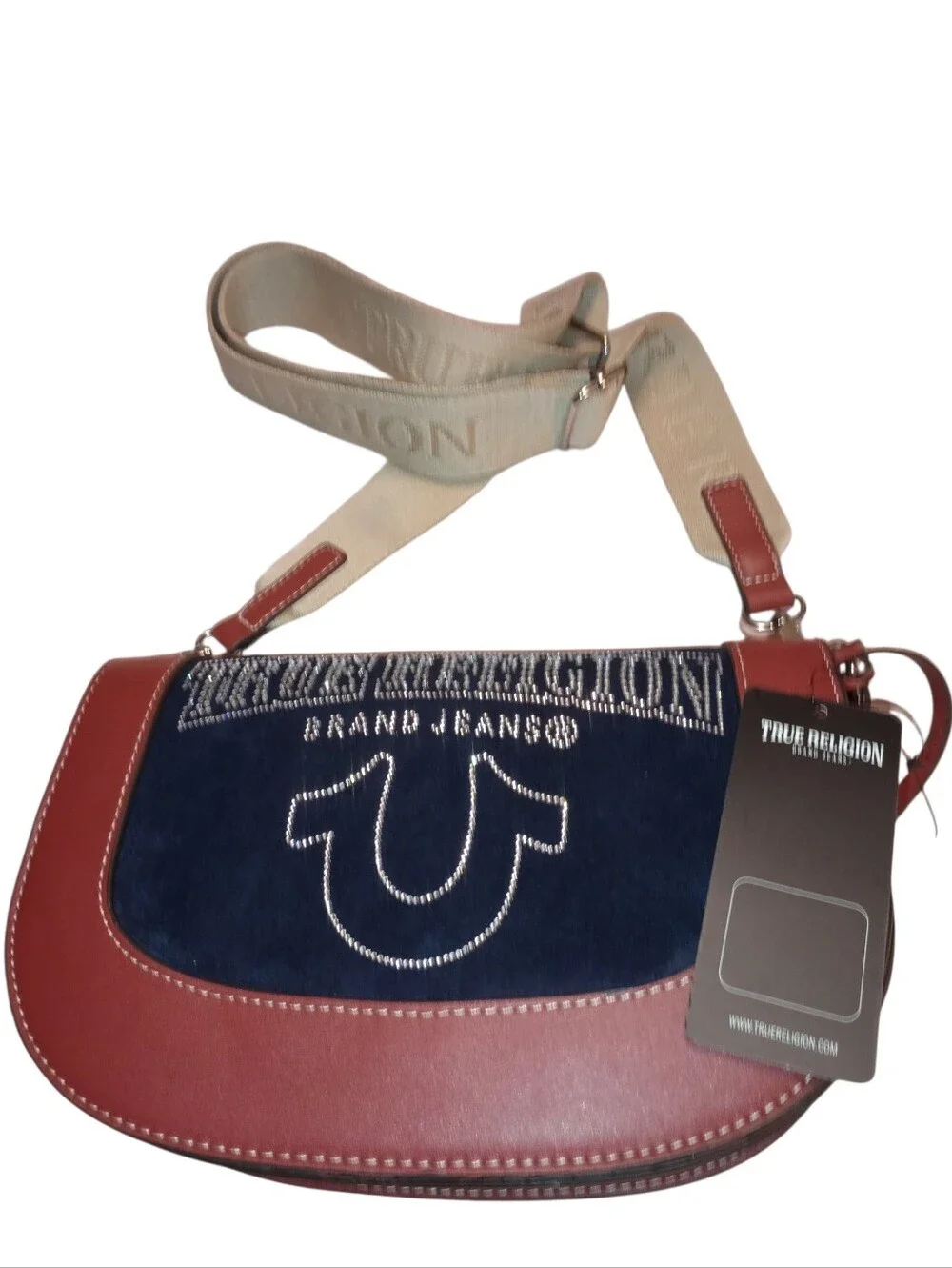True Religion Navy Suede and Red Leather Crossbody with Beige Strap, NWT